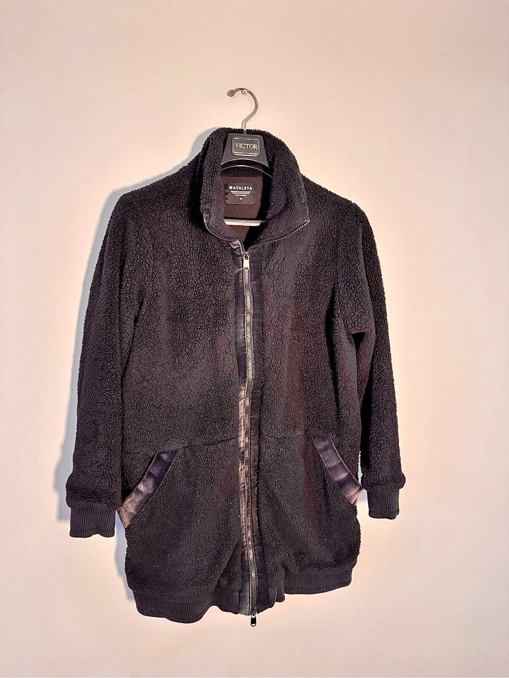 Athleta Tugga Sherpa Coat Black Women's 1X - Two-Way Zip Velvet Trim